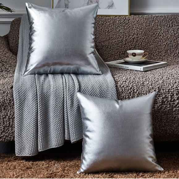 Brawarm Faux Leather with Silver Foil Metallic Shiny Print  Pillow Cover Sham - Picture 3 of 12